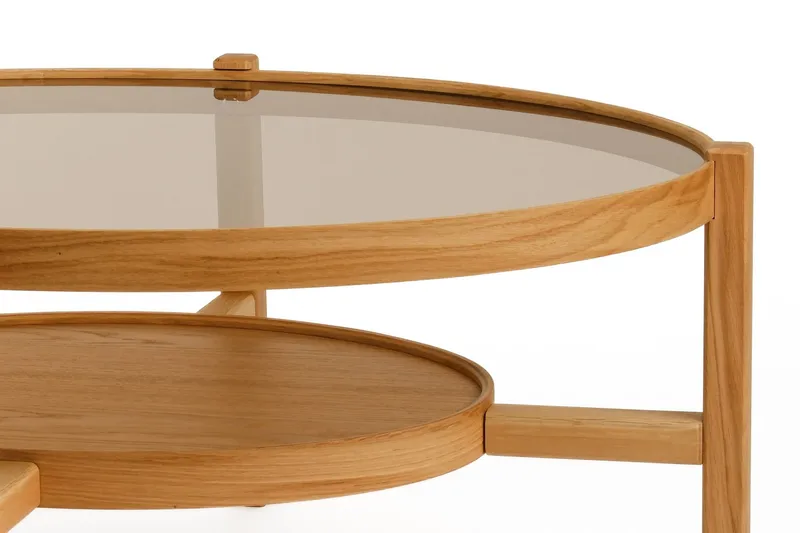 Fabrony Rundt Sofabord med Hylle i med Treben - Brunt Røykglass - Møbler - Bord - Sofabord & salongbord