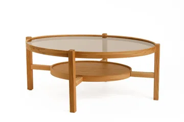 Fabrony Rundt Sofabord med Hylle i med Treben - Brunt Røykglass - Møbler - Bord - Sofabord & salongbord