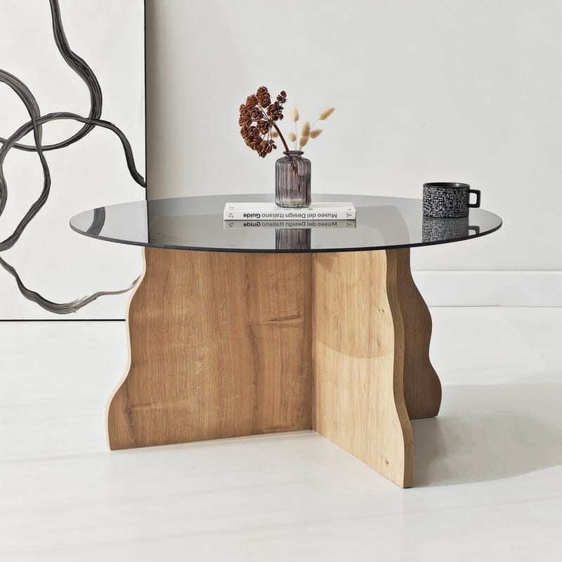 Fikret sofabord 75 cm rundt glass - Safir Eik og Røkt - Møbler - Bord - Sofabord & salongbord