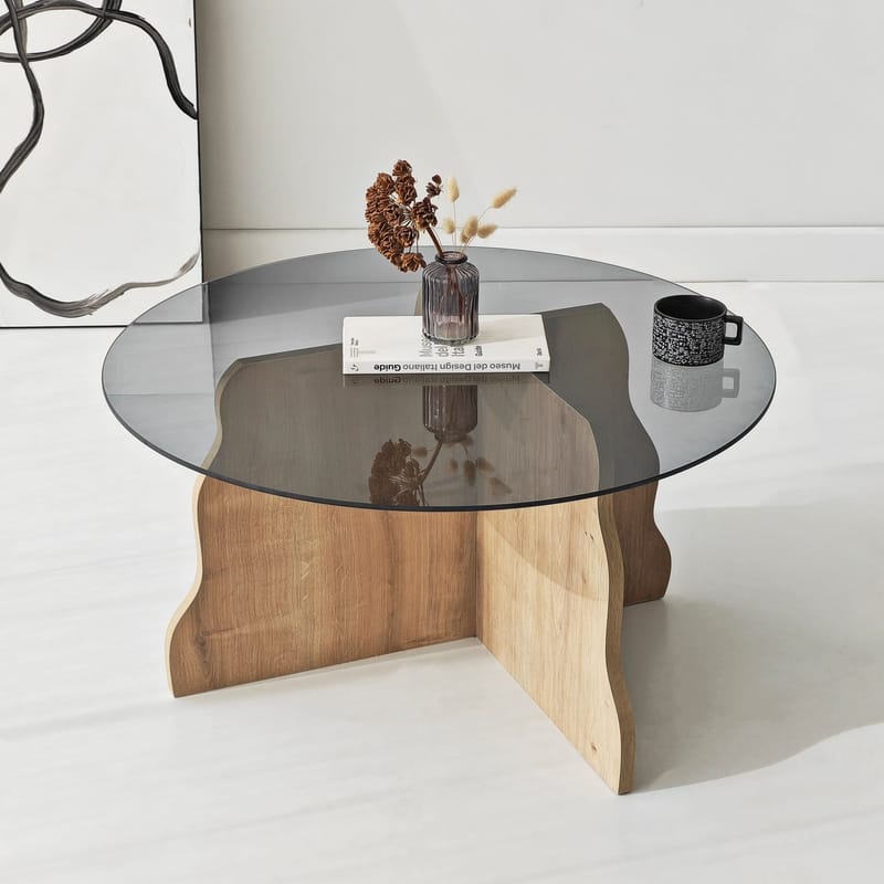 Fikret sofabord 75 cm rundt glass - Safir Eik og Røkt - Møbler - Bord - Sofabord & salongbord