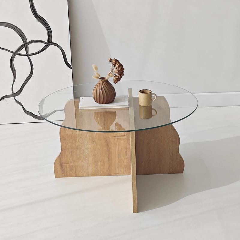 Fikret sofabord 75 cm rundt glass - Safir Eik og Transparent - Møbler - Bord - Sofabord & salongbord