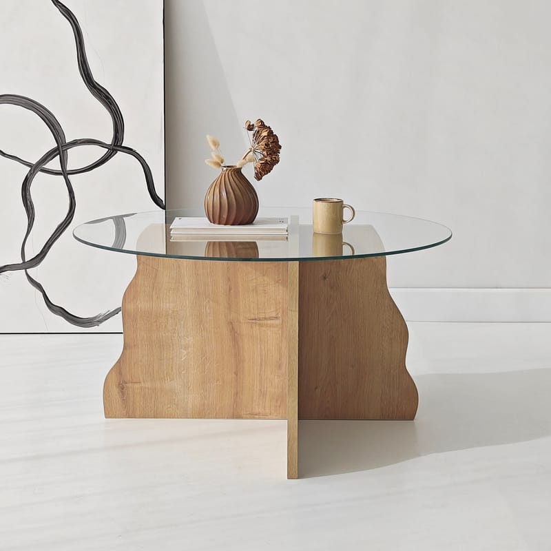 Fikret sofabord 75 cm rundt glass - Safir Eik og Transparent - Møbler - Bord - Sofabord & salongbord