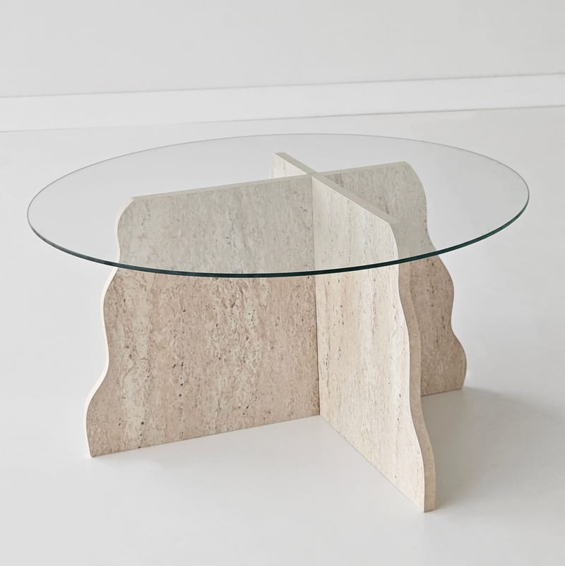 Fikret sofabord 75 cm rundt glass - Travertin og Transparent - Møbler - Bord - Sofabord & salongbord