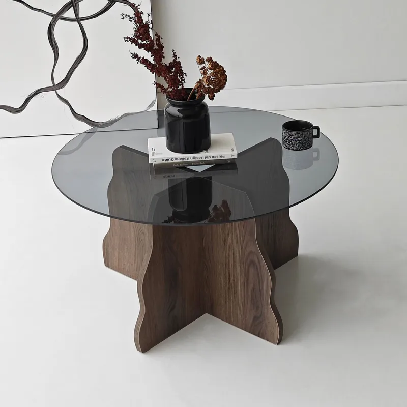 Fikret sofabord 75 cm rundt glass - Valnøtt og Røkt - Møbler - Bord - Sofabord & salongbord