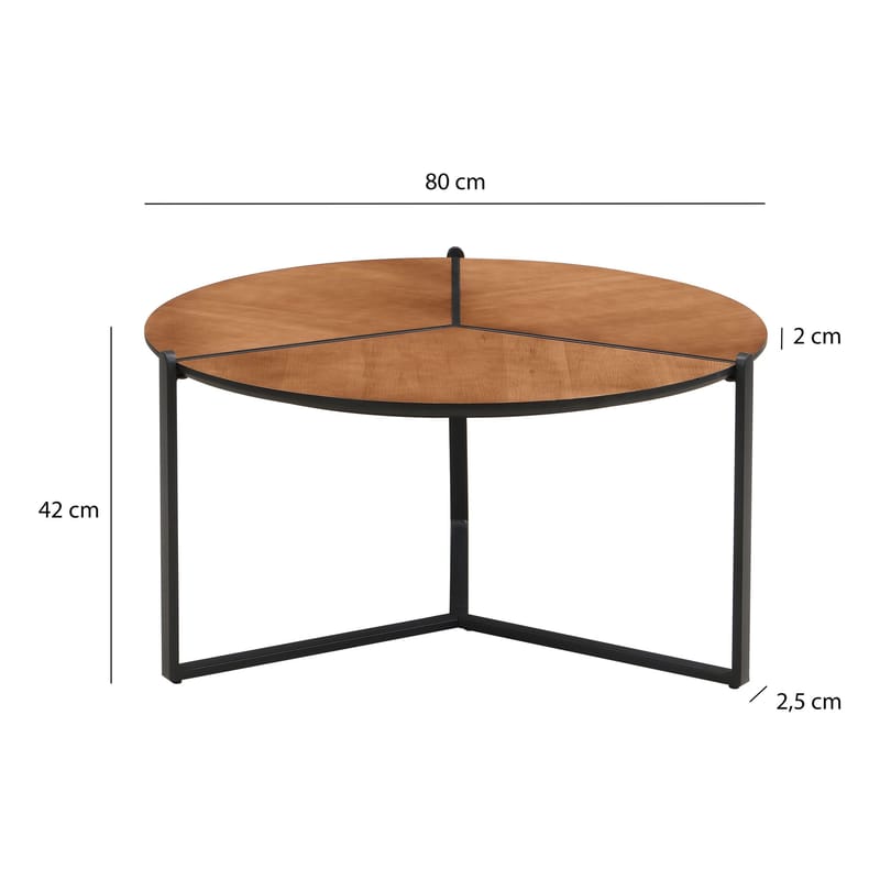 Fralor rundt salongbord 80 cm med trelook og metallben - treutseende / matt svart - Møbler - Bord - Sofabord & salongbord