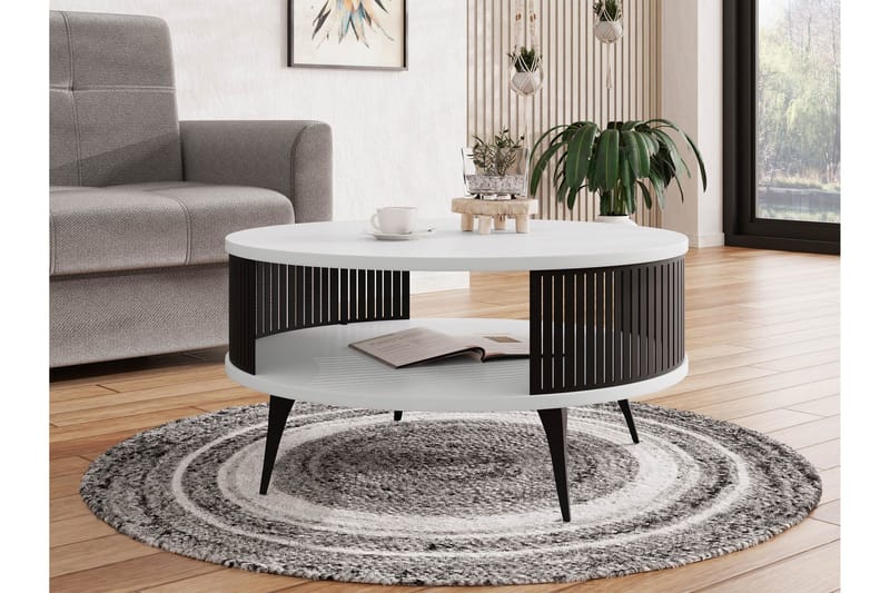 Galia 75 cm Rundt Sofabord med Hyller og Lamellsider i Tre - Sort|Hvit - Møbler - Bord - Sofabord & salongbord