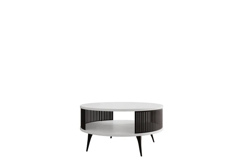 Galia 75 cm Rundt Sofabord med Hyller og Lamellsider i Tre, Sort|Hvit