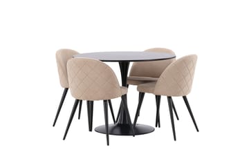 Glade Spisegruppe 100 cm Rund med 4 Velvet Stoler - Beige - Møbler - Bord - Spisegruppe