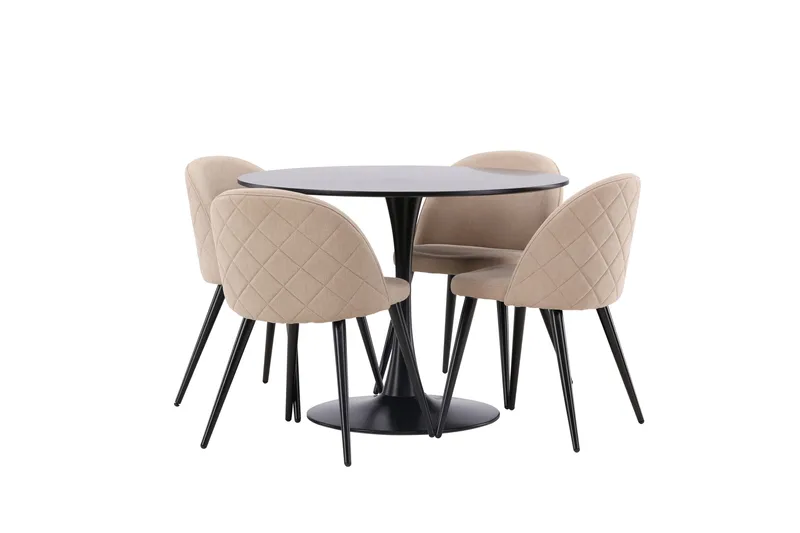 Glade Spisegruppe 100 cm Rund med 4 Velvet Stoler - Beige - Møbler - Bord - Spisegruppe