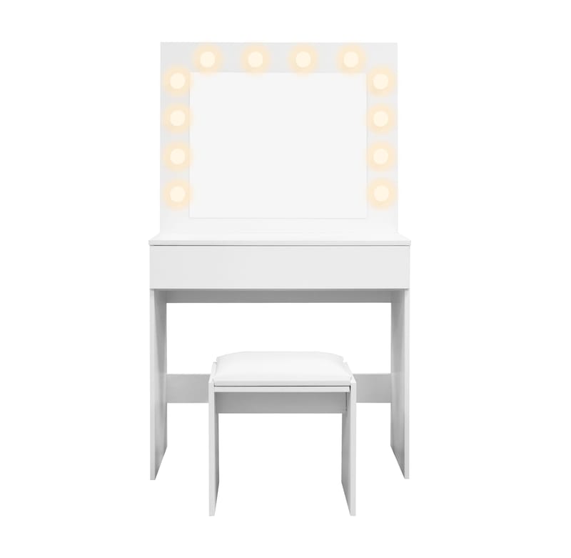Glow Lite sminkebord 80 cm med speil, skuffer og krakk – LED-belysning - Hvit - Møbler - Bord - Sminkebord & toalettbord
