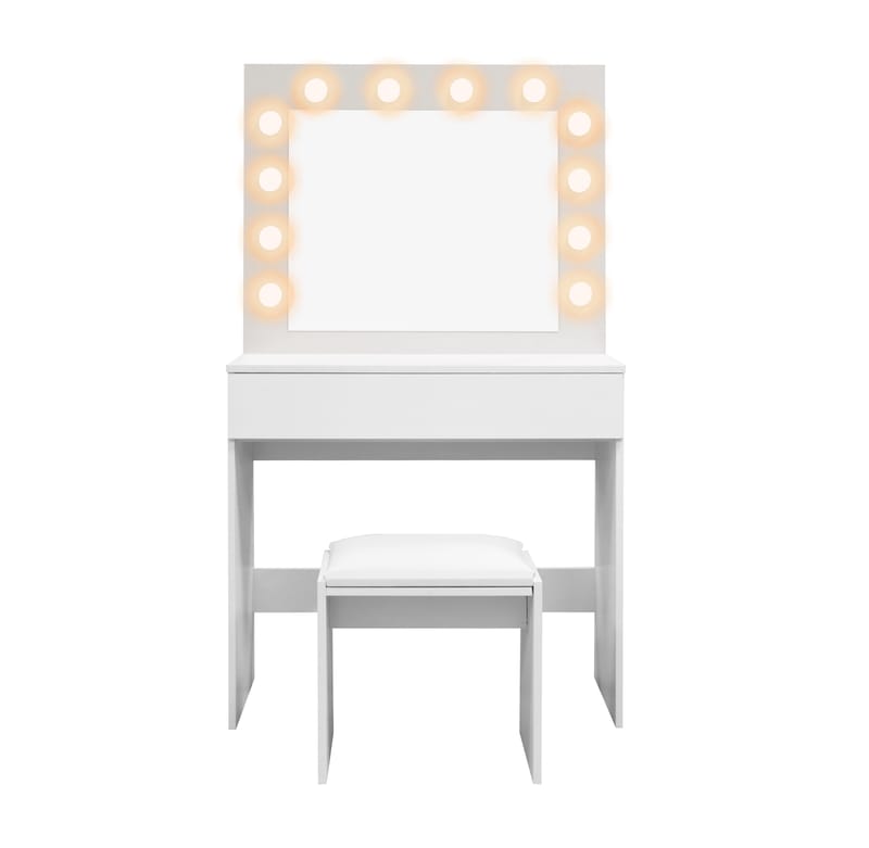 Glow Lite Sminkebord 80 cm med speil skuffer og krakk - LED Belysning - Hvit - Møbler - Bord - Sminkebord & toalettbord