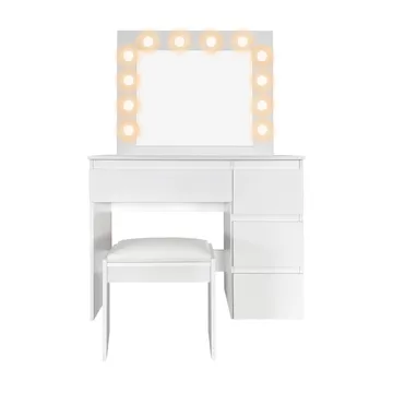 Glow Sminkebord 94 cm med speil, skuffer og krakk – LED-belysning - Hvit - Møbler - Bord - Sminkebord & toalettbord