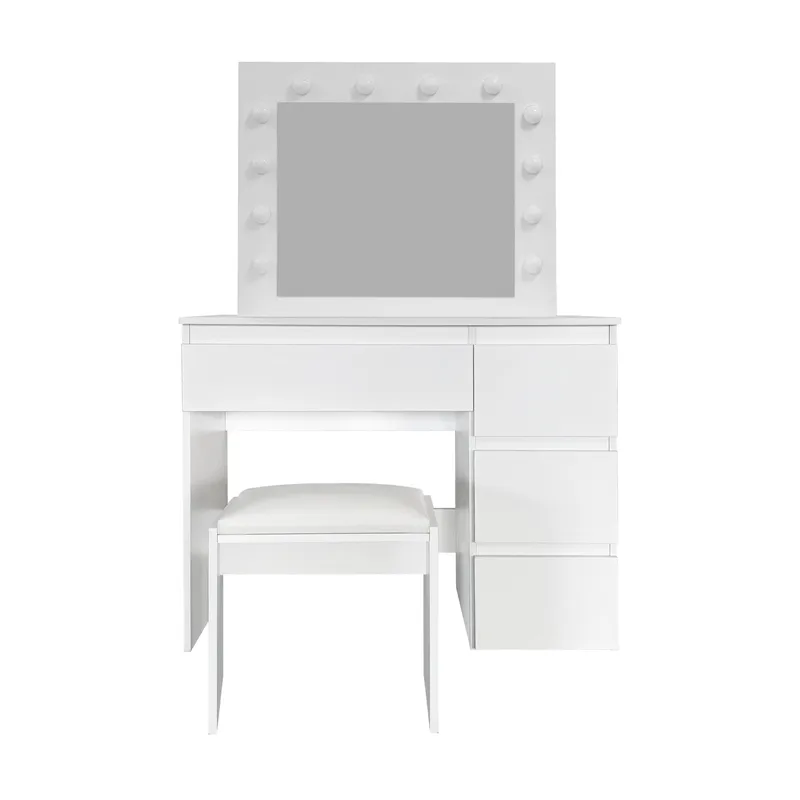 Glow Sminkebord 94 cm med speil skuffer og krakk - LED Belysning, Hvit