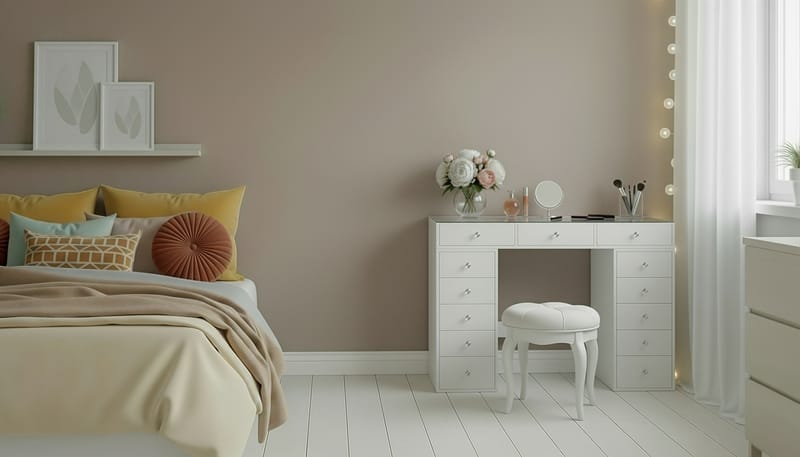 Glow Stort sminkebord med glassplate Oppbevaring med skuffer og rom 120 cm - Hvit - Møbler - Bord - Sminkebord & toalettbord