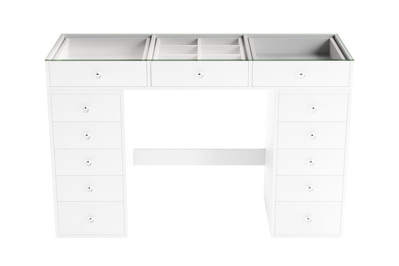 Glow Stort sminkebord med glassplate Oppbevaring med skuffer og rom 120 cm, Hvit
