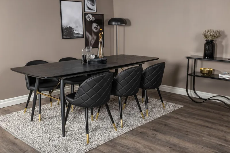 Gold spisebord 180 cm uttrekkbart med 6 Velvet Deluxe spisestoler