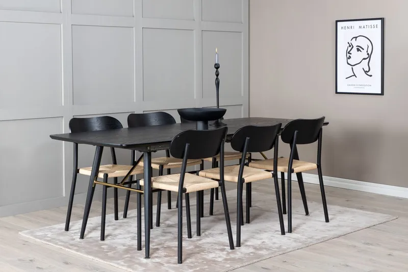 Gold spisebord 180 cm uttrekkbart med 6 Polly spisestoler