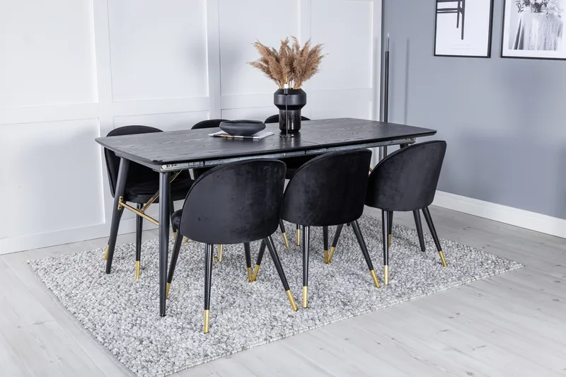 Gold Spisegruppe Forlengningsbar 180-220 cm Rektangulær med 6 Velvet Stoler - Sort/Guld - Møbler - Bord - Spisegruppe
