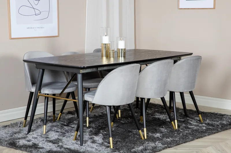Gold Spisegruppe Forlengningsbar 180-220 cm Rektangulær med 6 Velvet Stoler - Sort/Guld - Møbler - Bord - Spisegruppe