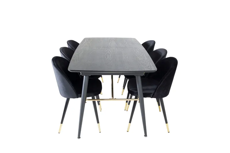 Gold Spisegruppe Forlengningsbar 180-220 cm Rektangulær med 6 Velvet Stoler, Sort/Guld