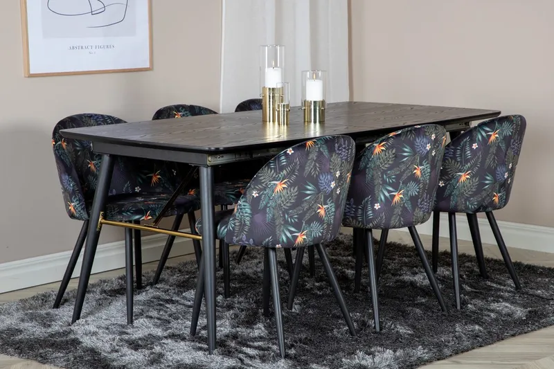 Gold uttrekkbart spisebord 180 cm med 6 Velvet spisestoler