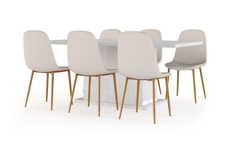 Griffith Spisebord 180 cm Uttrekkbart med ileggsplate + 6 stk Naira stol beige med eikeben, Hvit/Beige