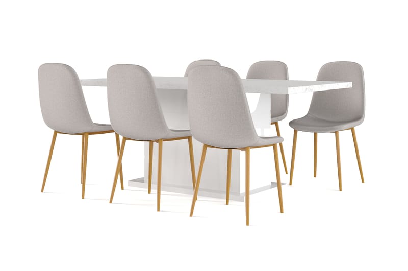 Griffith Spisebord 180 cm Uttrekkbart med ileggsplate + 6 stk Naira stol grå med eikeben, Hvit/Grå