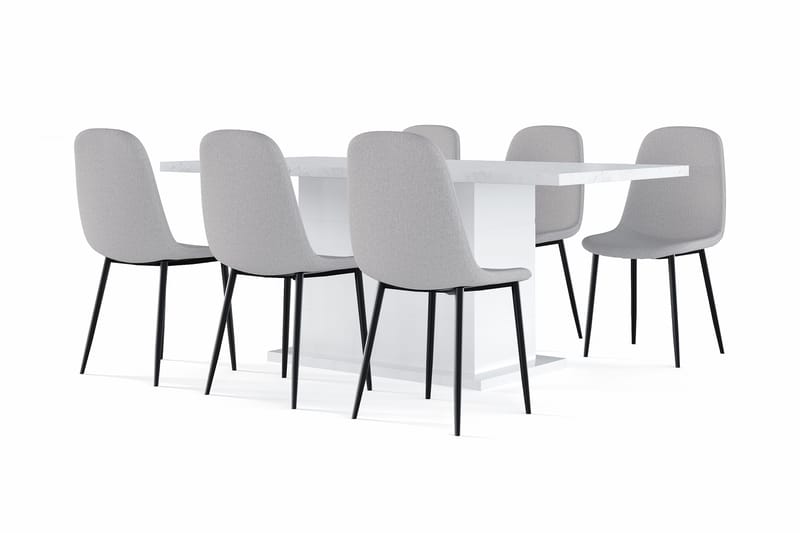 Griffith Spisebord 180 cm Uttrekkbart med ileggsplate + 6 stk Naira stol grå med svarte ben, Hvit/Grå