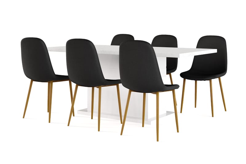Griffith Spisebord 180 cm Uttrekkbart med ileggsplate + 6 stk Naira stol svart med eikeben, Hvit/Svart