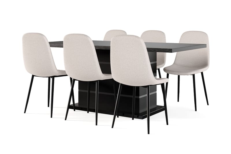 Griffith Uttrekkbart Spisebord 180/220 cm Svart + 6 stk Naira stol beige med svarte ben, Svart/Beige