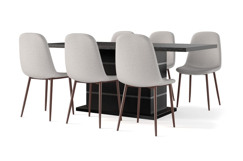 Griffith Uttrekkbart Spisebord 180/220 cm Svart + 6 stk Naira stol beige med valnøttben, Svart/Beige