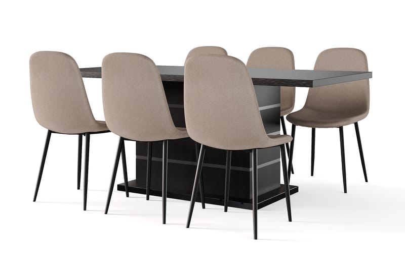 Griffith Uttrekkbart Spisebord 180/220 cm Svart + 6 stk Naira stol brun med svarte ben, Svart/Brun