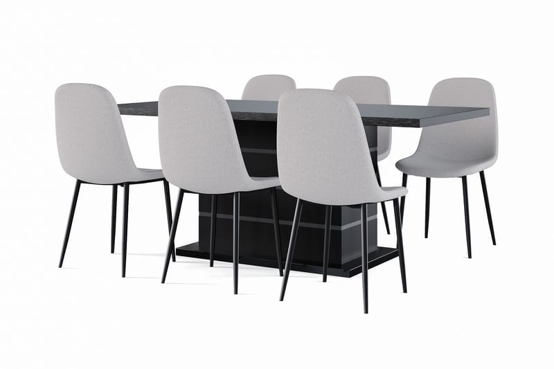 Griffith Uttrekkbart Spisebord 180/220 cm Svart + 6 stk Naira stol grå med svarte ben, Svart/Grå