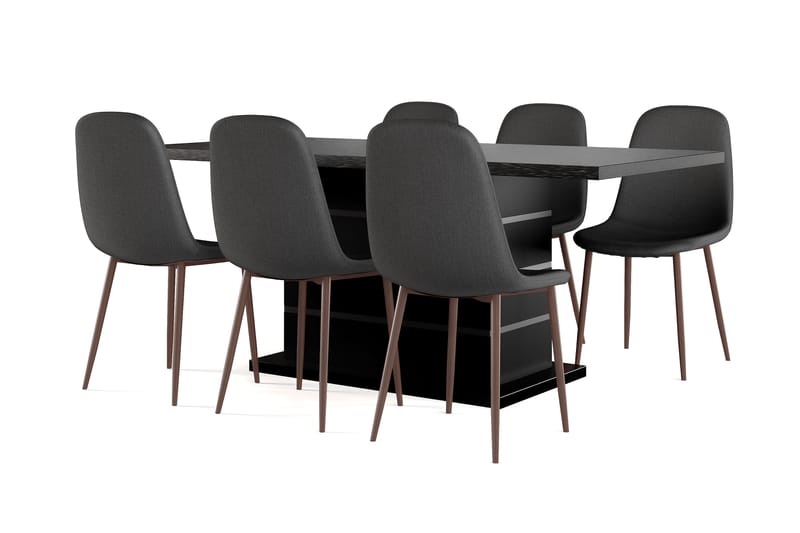 Griffith Uttrekkbart Spisebord 180/220 cm Svart + 6 stk Naira stol svart med valnøttben, Svart