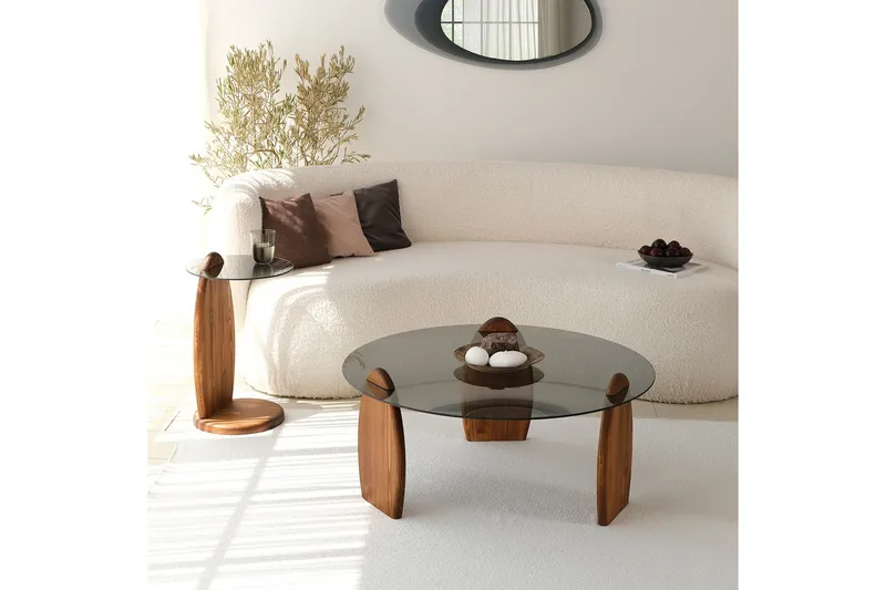 Guinn 90 cm Rundt Sofabord i Glass - Røykgrå - Møbler - Bord - Sofabord & salongbord