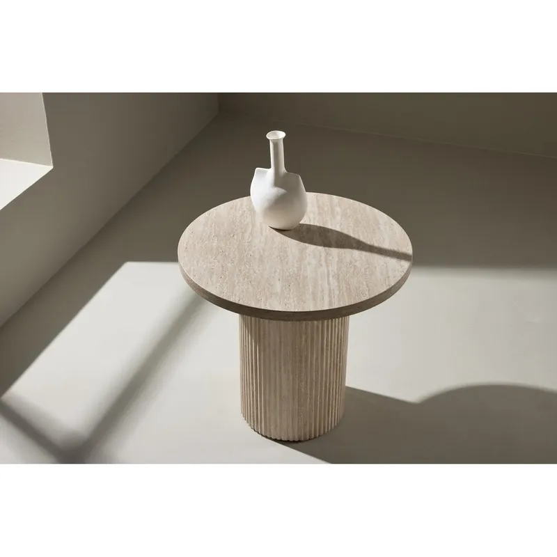 Härön Rundt Sofabord 50 cm i Stein med Riflet Søylefot - Beige - Møbler - Bord - Sofabord & salongbord