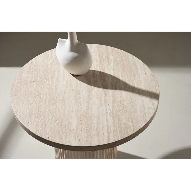 Härön Rundt Sofabord 50 cm i Stein med Riflet Søylefot - Beige - Møbler - Bord - Sofabord & salongbord