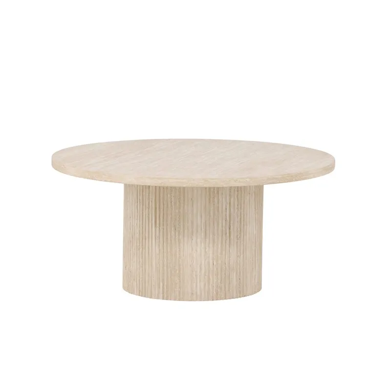 Härön Rundt Sofabord 80 cm i Stein med Riflet Søylefot, Beige