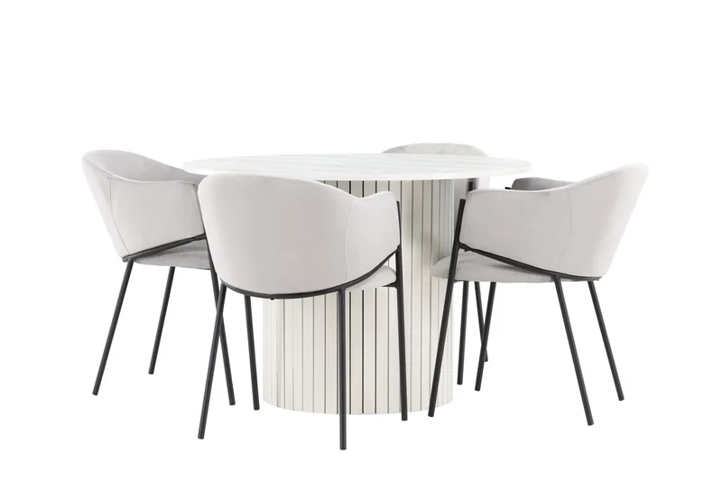Härön Spisegruppe 110 cm Rund med 4 Evelina stoler, Hvid/Grå