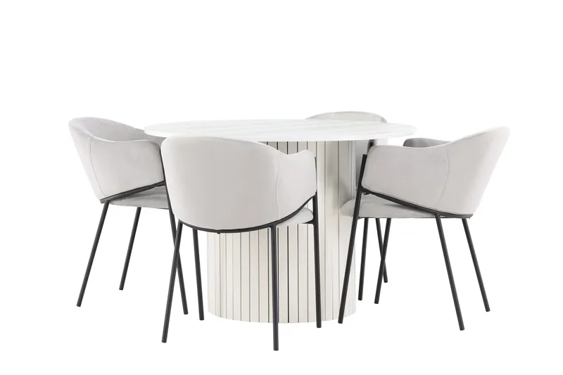 Härön Spisegruppe 110 cm rund med 4 Evelina stoler - Hvit/Grå - Møbler - Bord - Spisegruppe