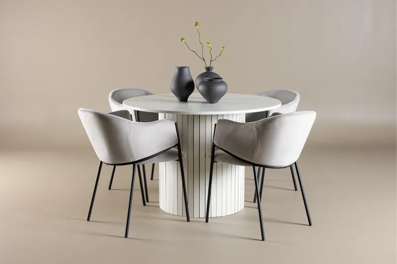 Härön Spisegruppe 110 cm rund med 4 Evelina stoler - Hvit/Grå - Møbler - Bord - Spisegruppe