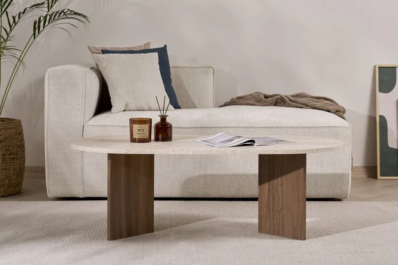 Hasina Ovalt Sofabord 119x60 cm med Travertin- og Valnøttutseende - Beige - Møbler - Bord - Sofabord & salongbord