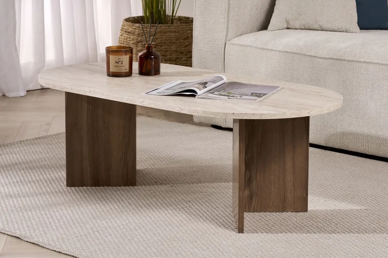 Hasina Ovalt Sofabord 119x60 cm med Travertin- og Valnøttutseende - Beige - Møbler - Bord - Sofabord & salongbord
