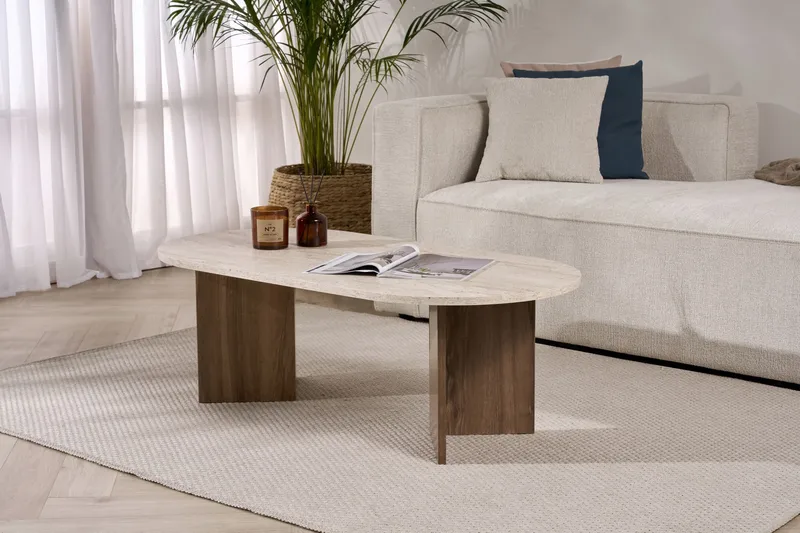 Hasina Ovalt Sofabord 119x60 cm med Travertin- og Valnøttutseende - Beige - Møbler - Bord - Sofabord & salongbord