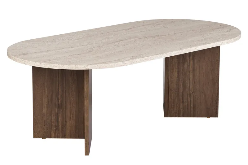 Hasina Ovalt Sofabord 119x60 cm med Travertin- og Valnøttutseende, Beige