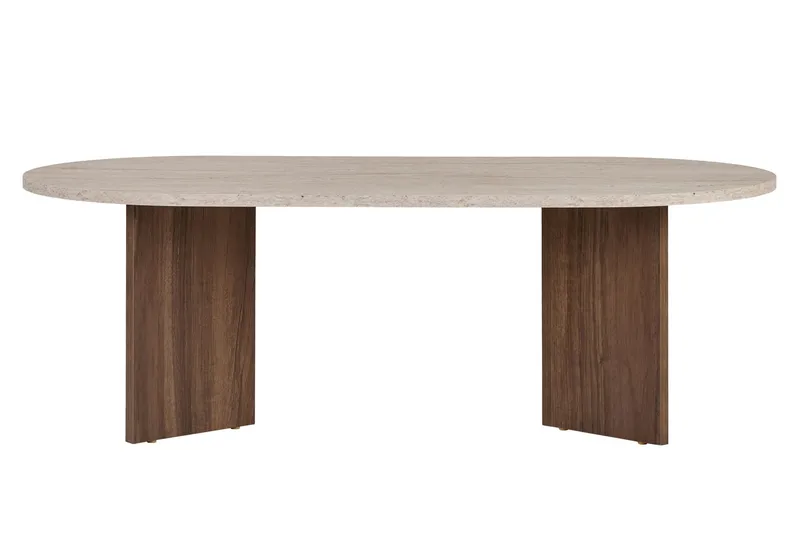 Hasina Ovalt Sofabord 119x60 cm med Travertin- og Valnøttutseende - Beige - Møbler - Bord - Sofabord & salongbord