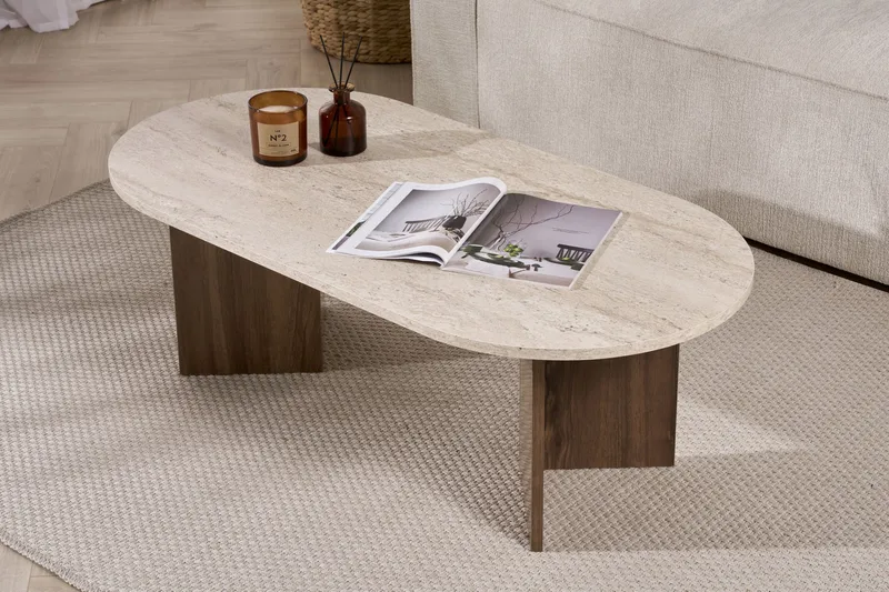 Hasina Ovalt Sofabord 119x60 cm med Travertin- og Valnøttutseende - Beige - Møbler - Bord - Sofabord & salongbord