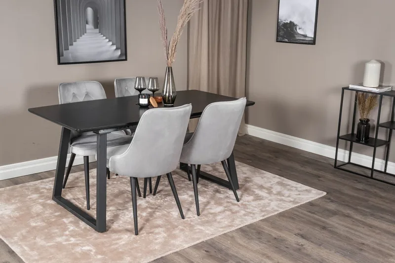 Inca spisegruppe uttrekkbar 160 cm rektangulær med 4 Velvet Deluxe stoler, Svart/Lys grå