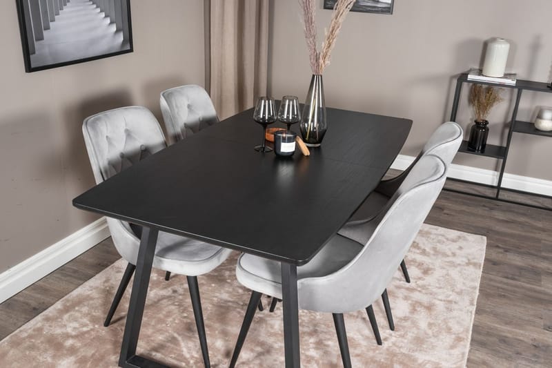 Inca spisegruppe uttrekkbar 160 cm rektangulær med 4 Velvet Deluxe stoler - Svart/Lys grå - Møbler - Bord - Spisegruppe