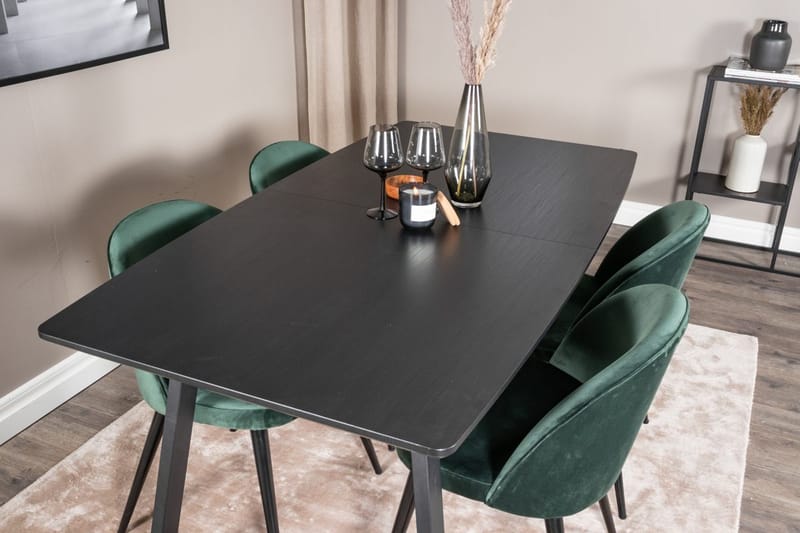 Inca Spisegruppe Uttrekkbar 160 cm Rektangulær med 4 Velvet stoler - Svart/Grønn - Møbler - Bord - Spisegruppe